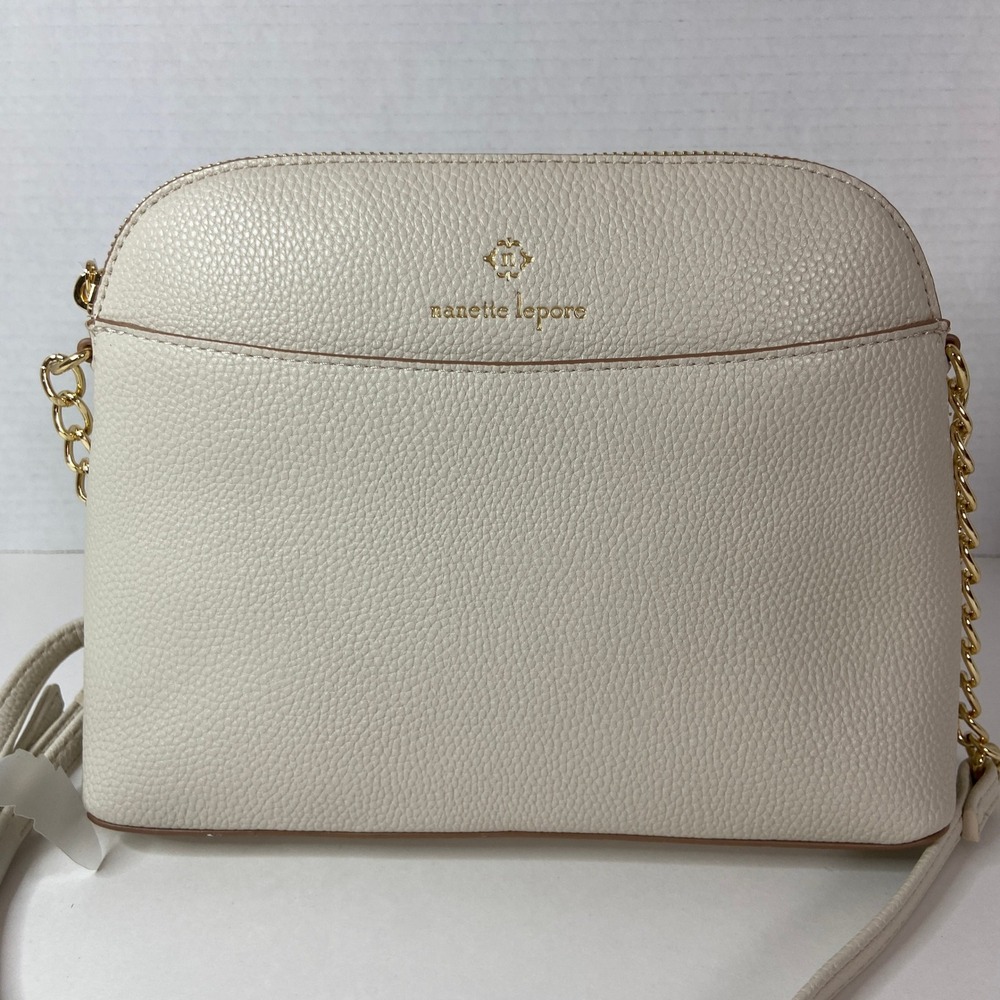 Nanette Lepore Cream Pebbled Vegan Leather Dome‎ Crossbody Bag Gold Chain Strap